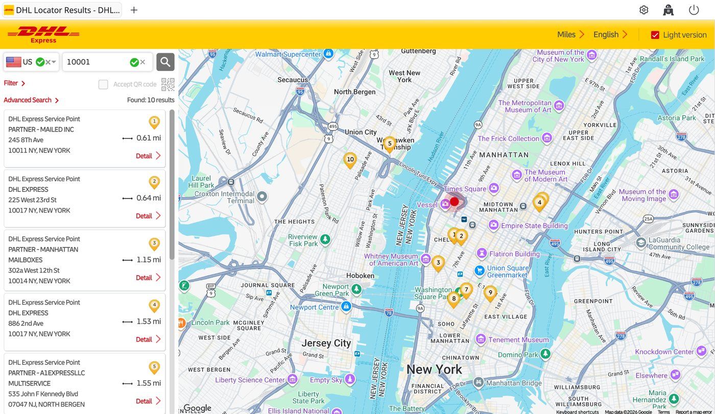 The live Webfuse session on DHL's service point locator with results and map for 10001