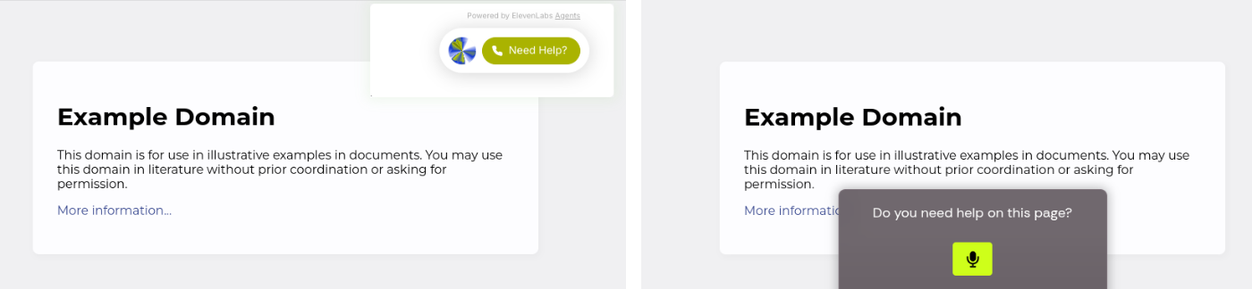 Screenshots of two modal specialist web agent UIs augmenting an underlying website's UI