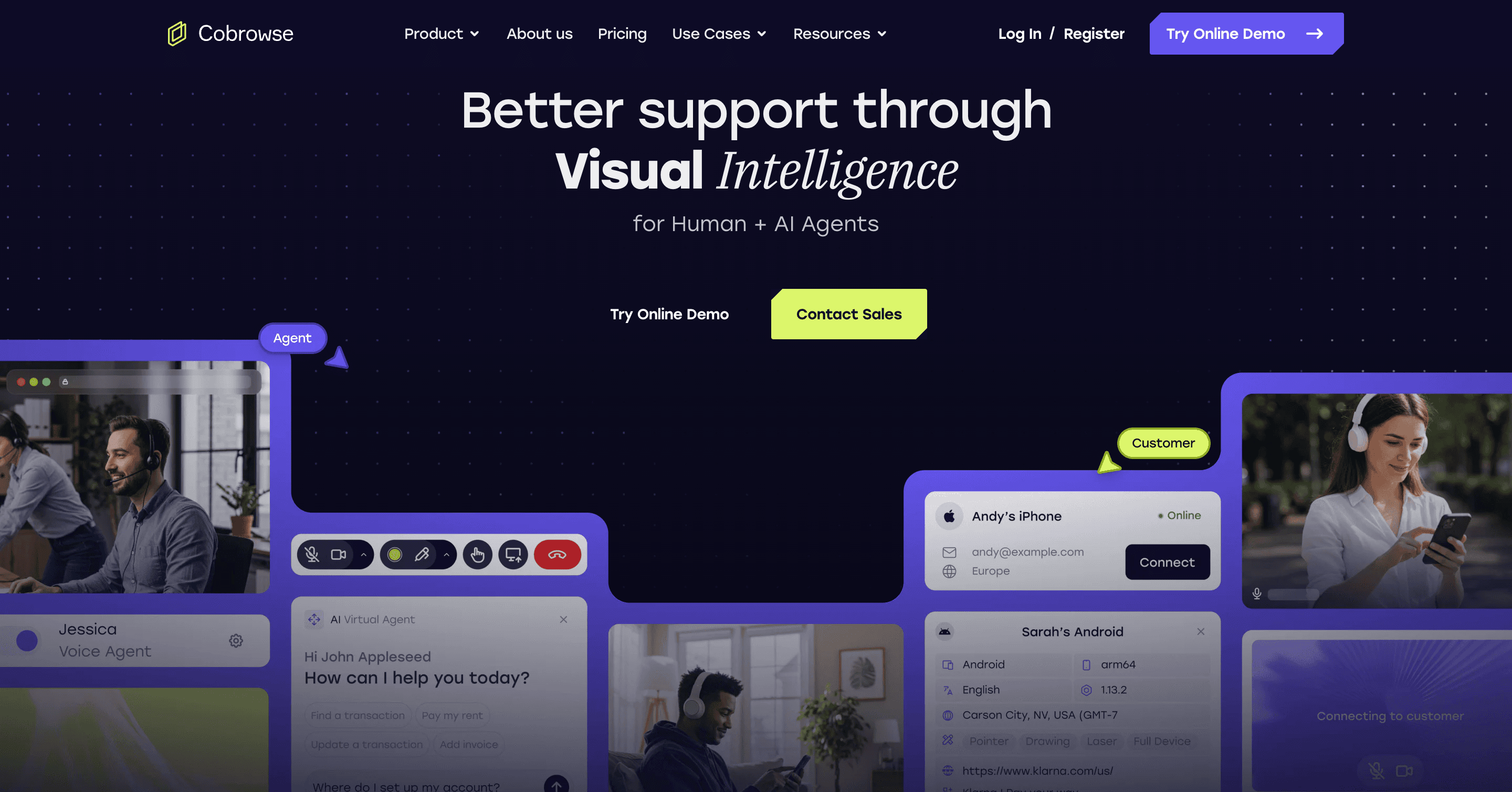 The Cobrowse.io homepage, headlined "Better support through Visual Intelligence for Human + AI Agents", showing a support session from both sides at once. The agent side has session controls for mute, drawing, pointer and full device control, alongside an AI Virtual Agent panel greeting a customer. The customer side shows connected iOS and Android devices with their locale, architecture and current URL