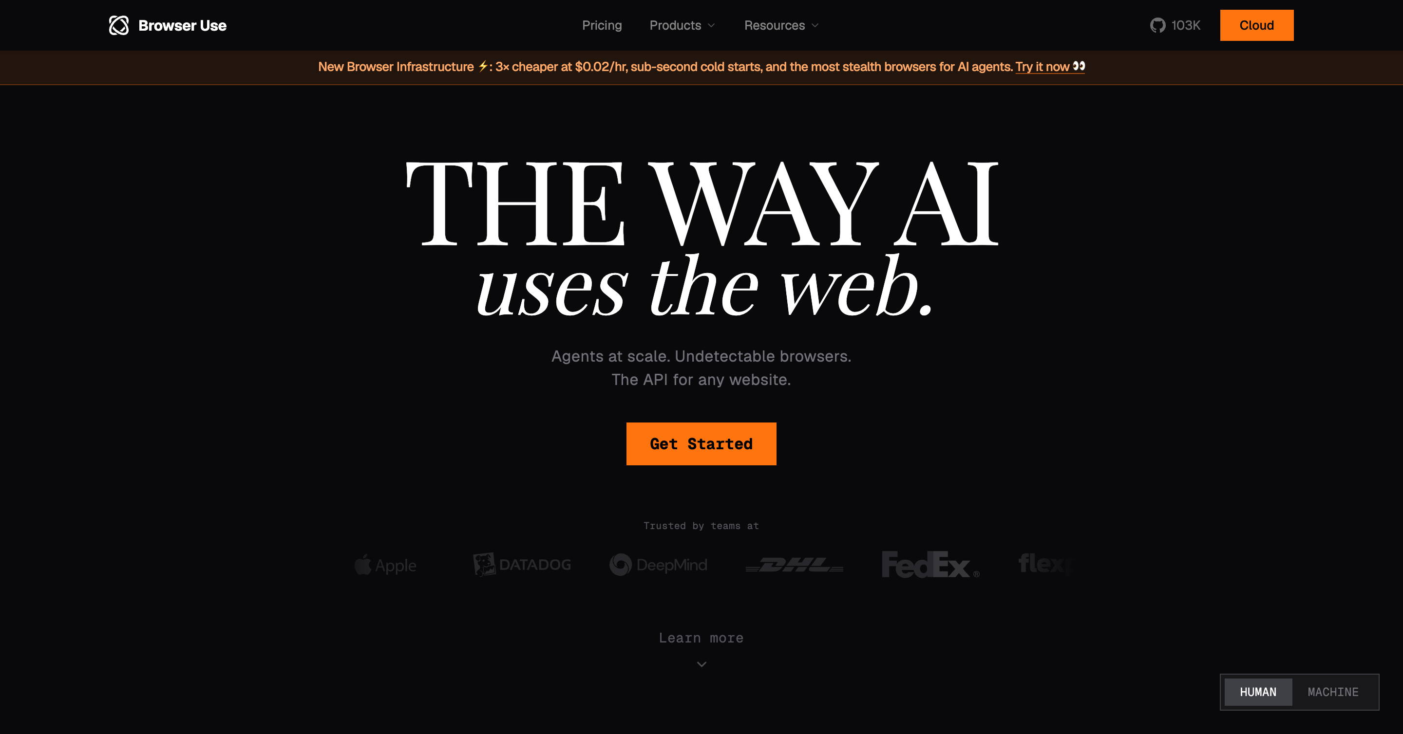 The Browser Use homepage, headlined "The way AI uses the web", with the tagline "Agents at scale. Undetectable browsers. The API for any website." A banner advertises browser infrastructure at three times cheaper with sub-second cold starts, and the page carries a toggle between a human and a machine view of itself