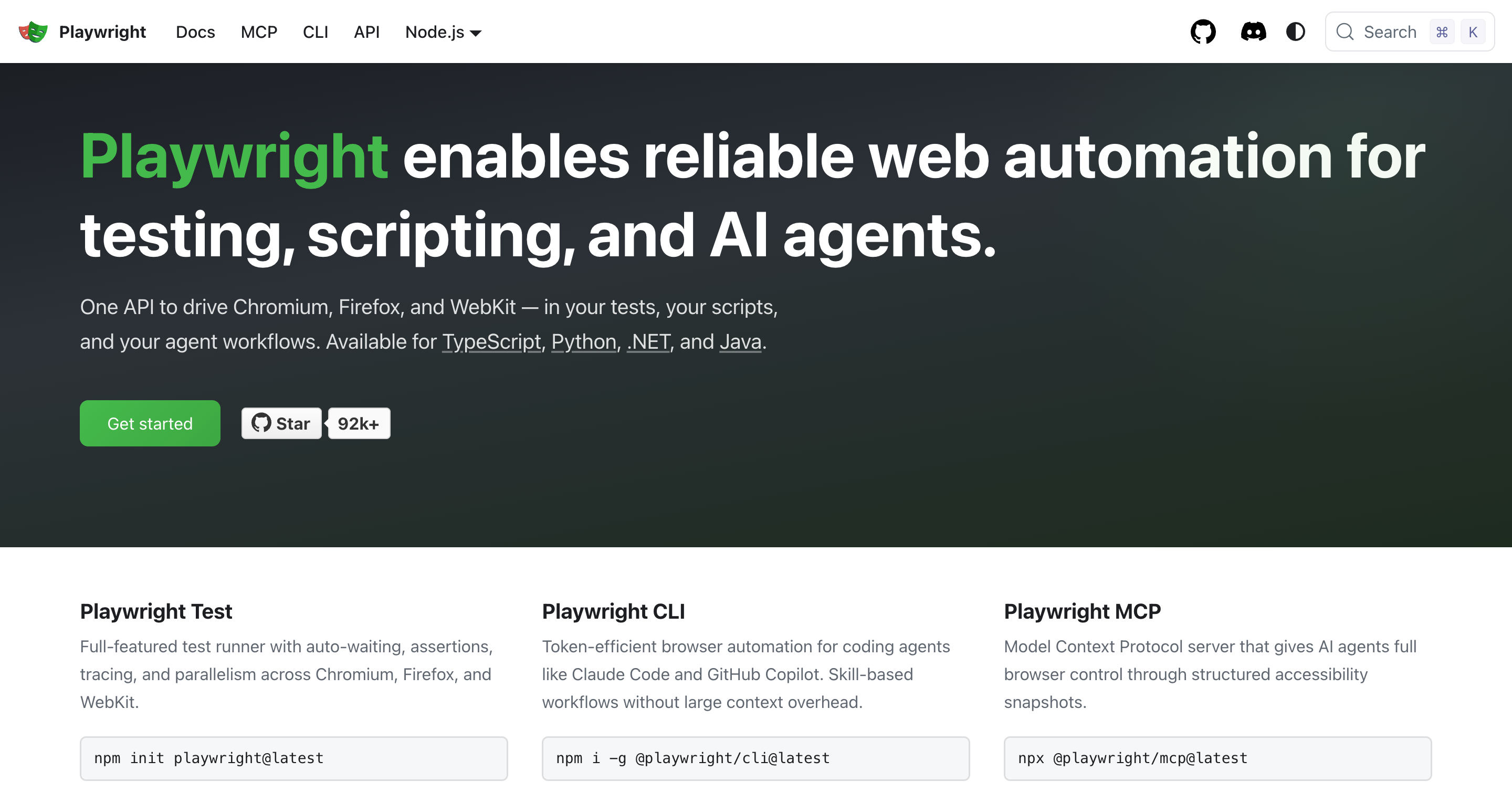The Playwright homepage, headlined "Playwright enables reliable web automation for testing, scripting, and AI agents", describing one API that drives Chromium, Firefox and WebKit from TypeScript, Python, .NET and Java. Below the hero, three products are listed - Playwright Test for test running, Playwright CLI for token-efficient automation by coding agents, and Playwright MCP, a Model Context Protocol server giving agents browser control through accessibility snapshots