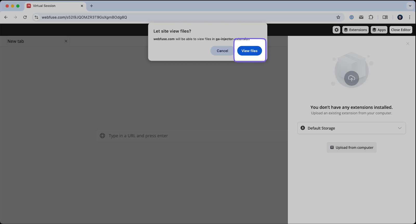 Webfuse extension upload confirmation screen showing successfully uploaded manifest.json and content.js files