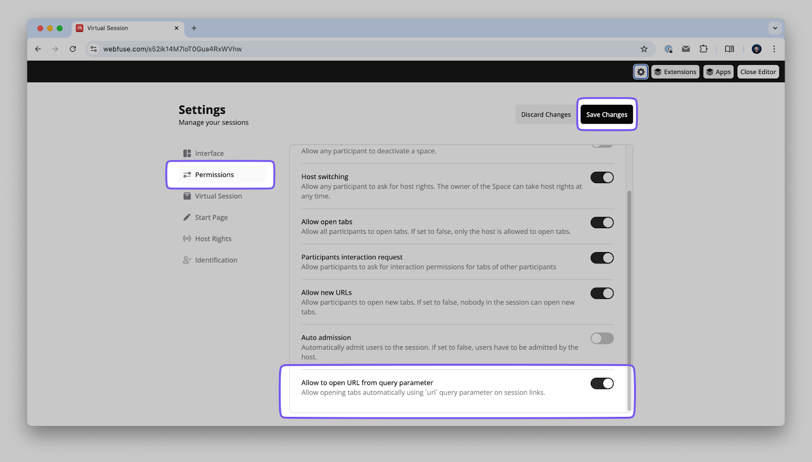 Webfuse permissions settings showing the enabled option to allow URL opening from query parameters
