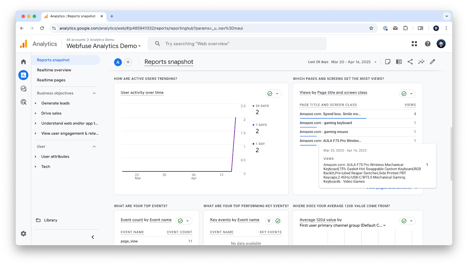 Google Analytics 4 real-time dashboard showing tracked page views and events from third-party websites via Webfuse injection