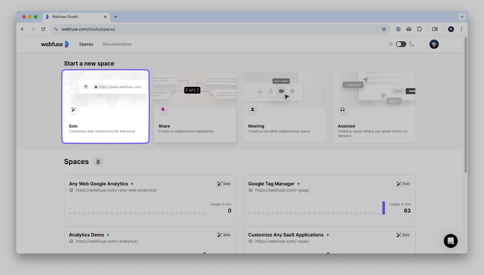 Webfuse Solo Space Creation Interface