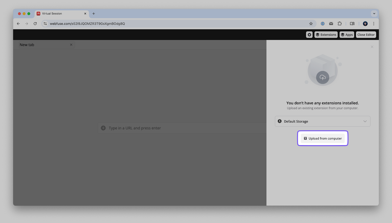 File upload interface in Webfuse for selecting and uploading the GA4 injector extension folder