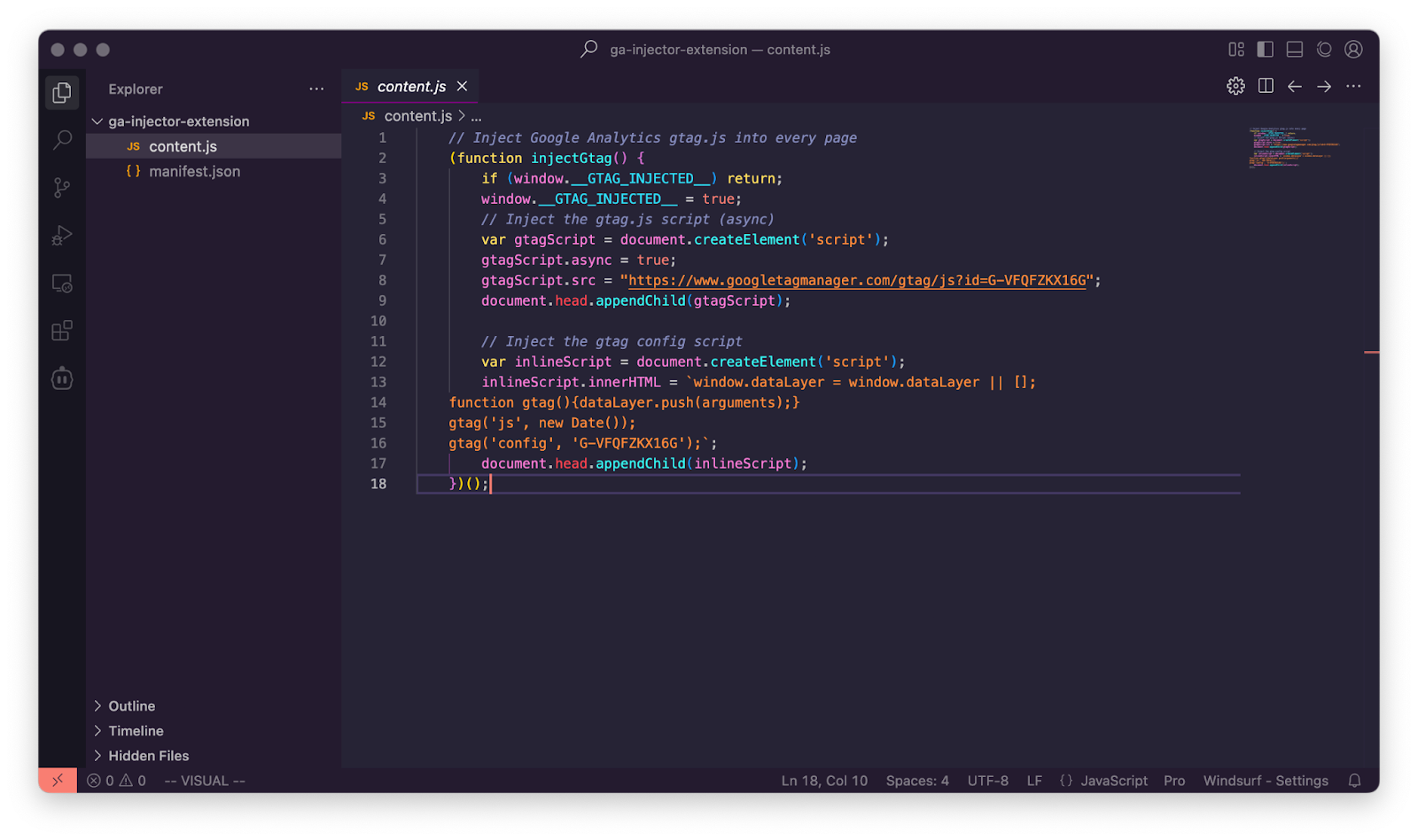 Editor Showing The Extension Code
