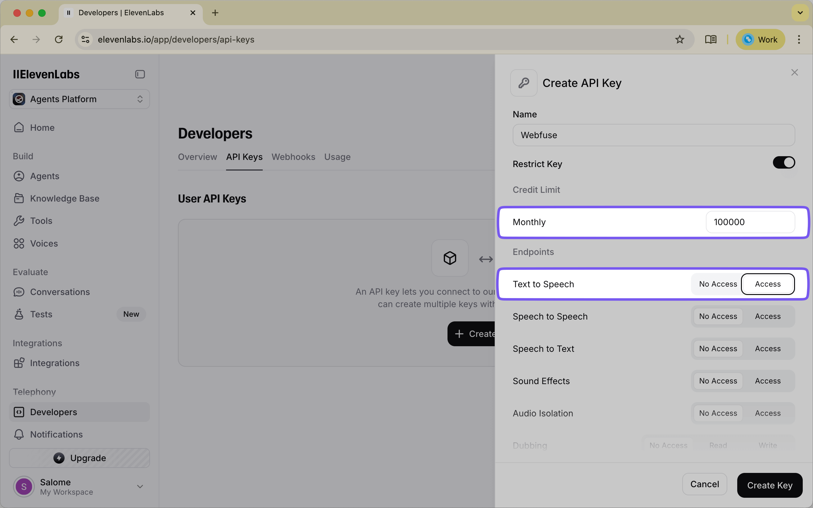 Creating an API key with Text to Speech permission and 500 monthly limit
