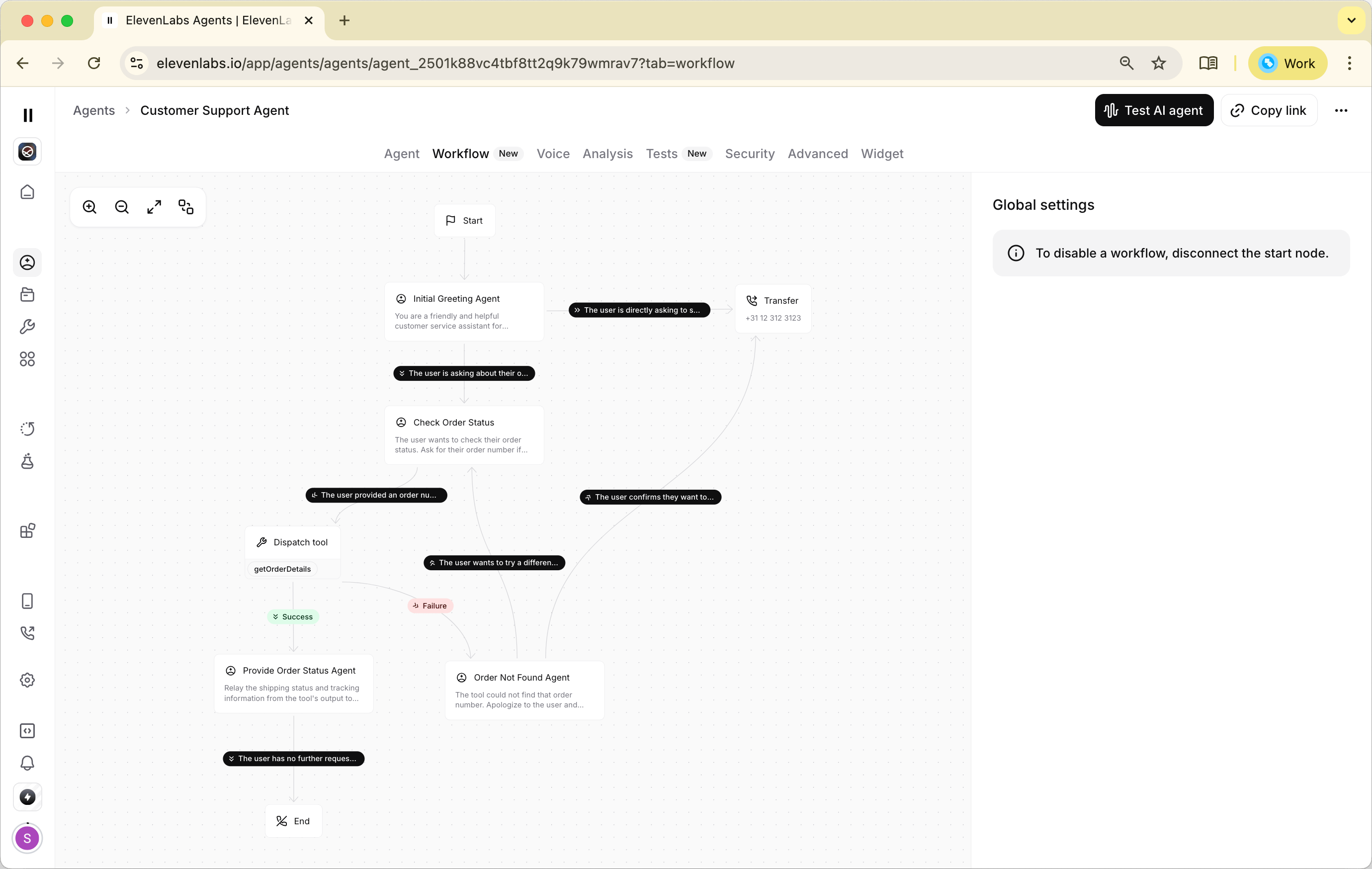 Visual diagram showing conversation flow with edges connecting different nodes and decision points in ElevenLabs Agent Workflows