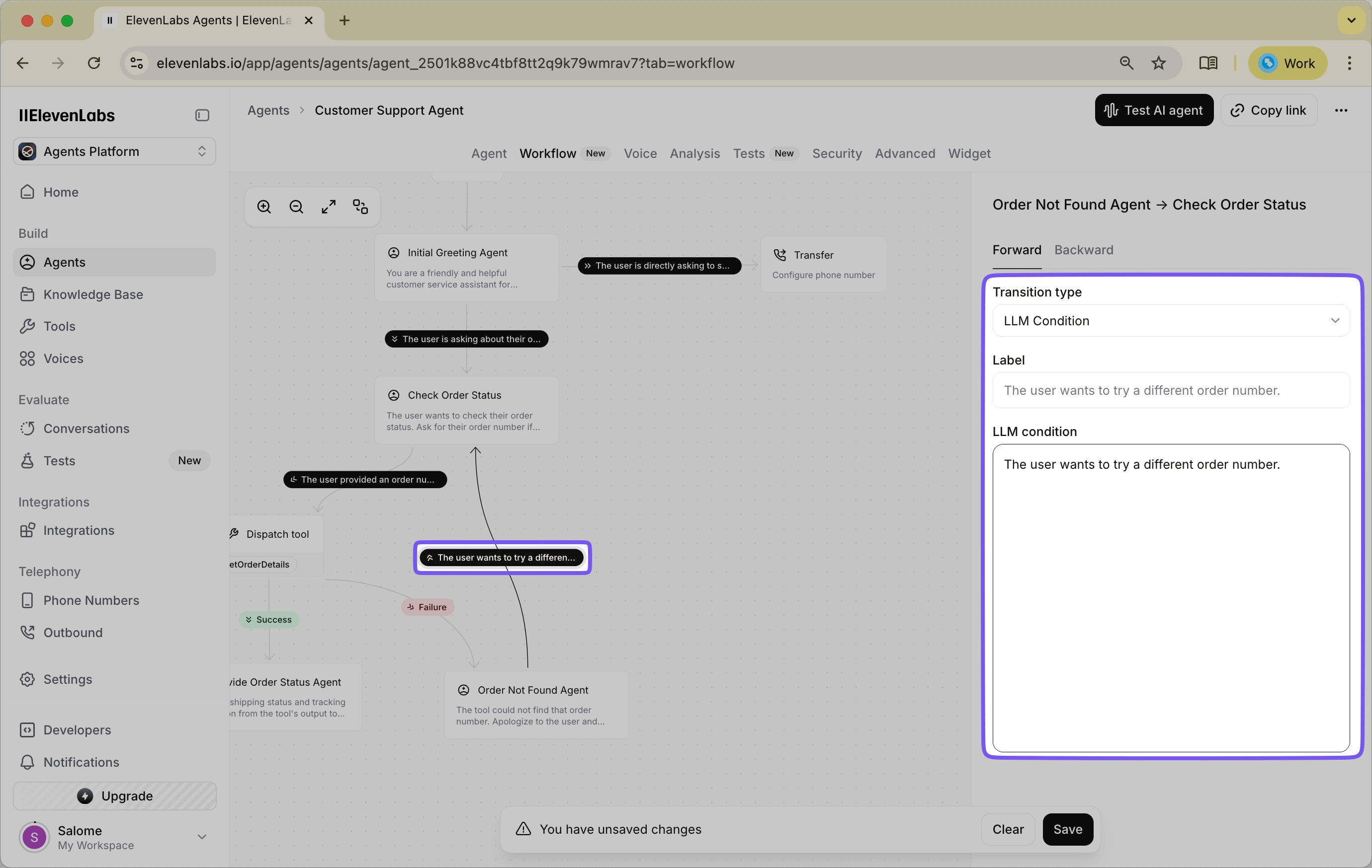 Configuration screen showing LLM condition setup for detecting when a user wants to try searching with a different order number