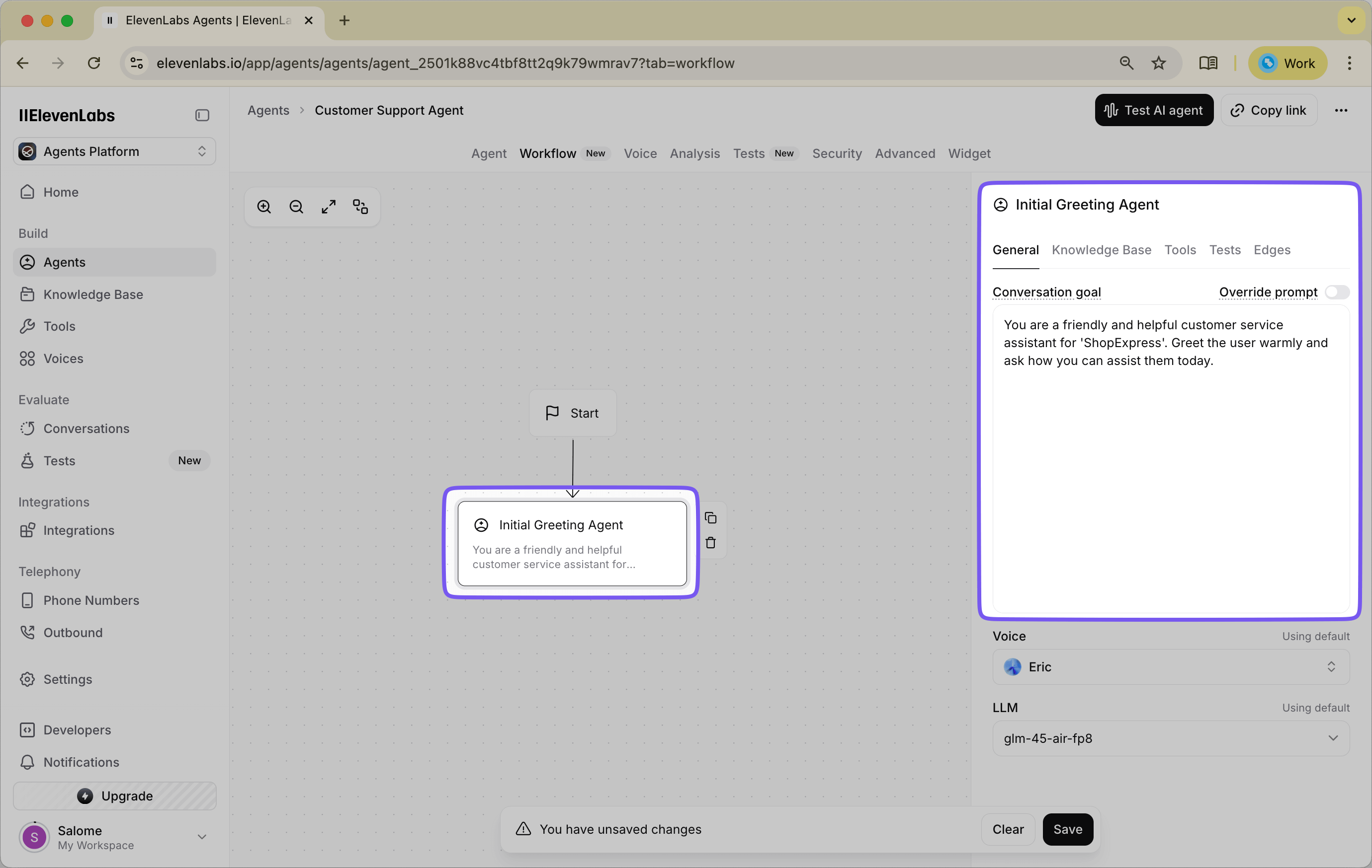 Screenshot showing the configuration of an Initial Greeting Agent node with welcome message prompt settings
