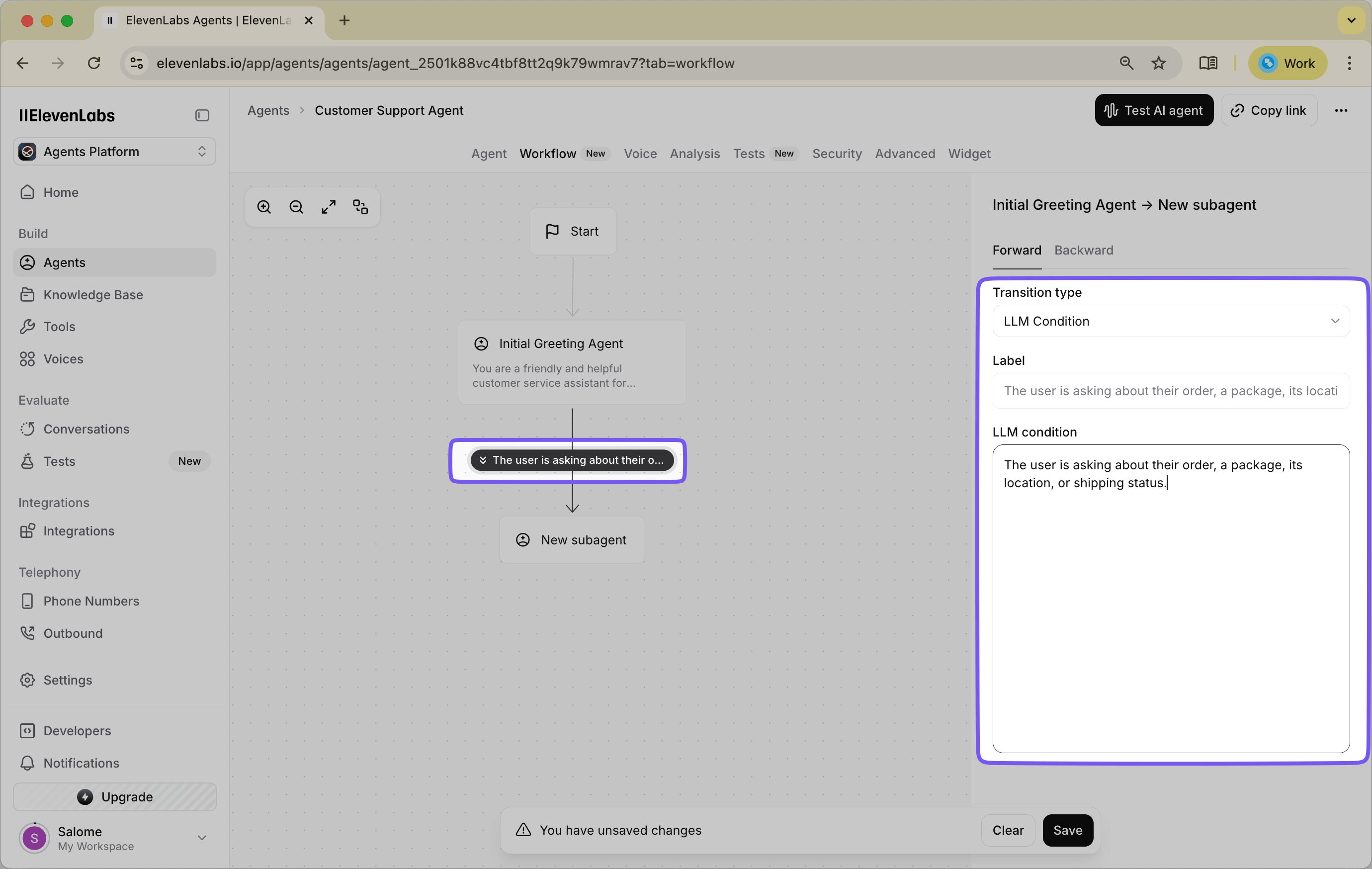 Configuration interface showing LLM condition setup for detecting order status inquiries with intent matching settings