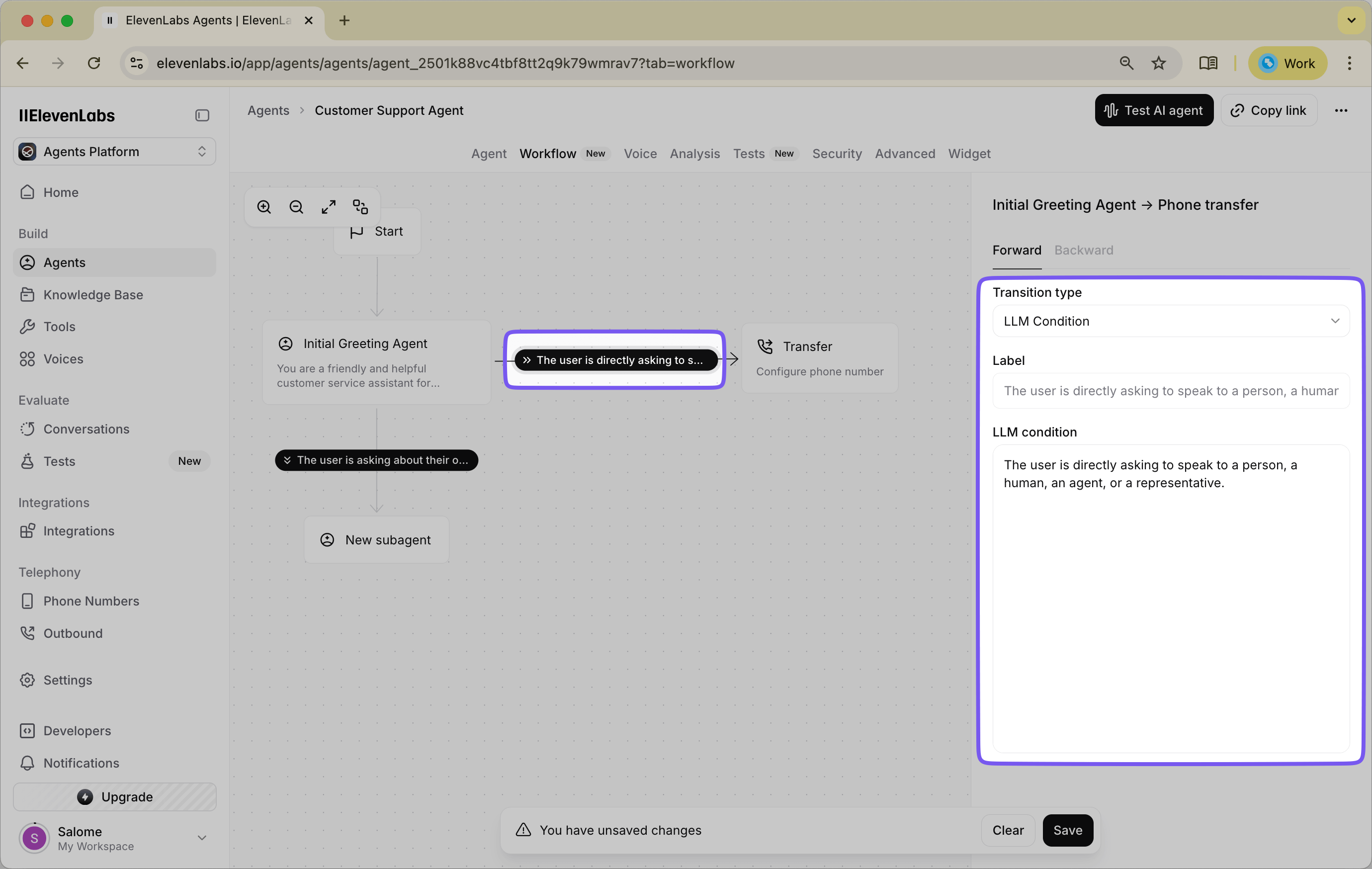 Configuration screen showing LLM condition settings for detecting when users request human agent assistance
