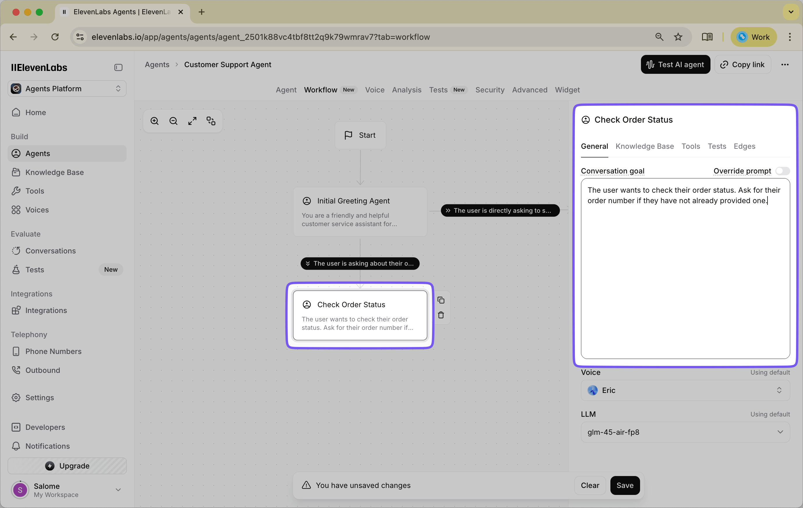 Interface showing the prompt configuration for a Subagent designed to collect order numbers from customers