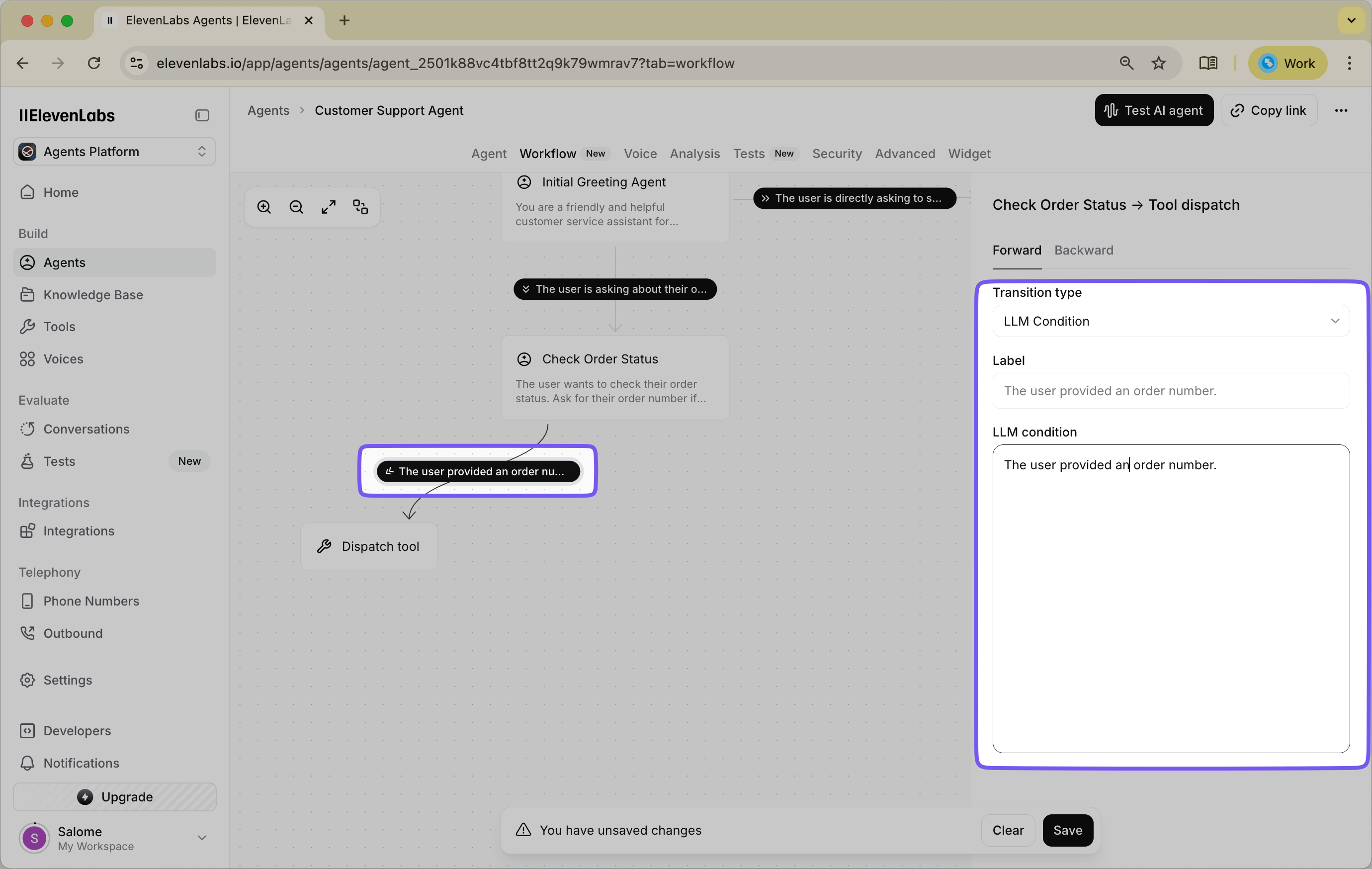 Configuration panel showing LLM condition setup for detecting when a valid order number has been provided by the user