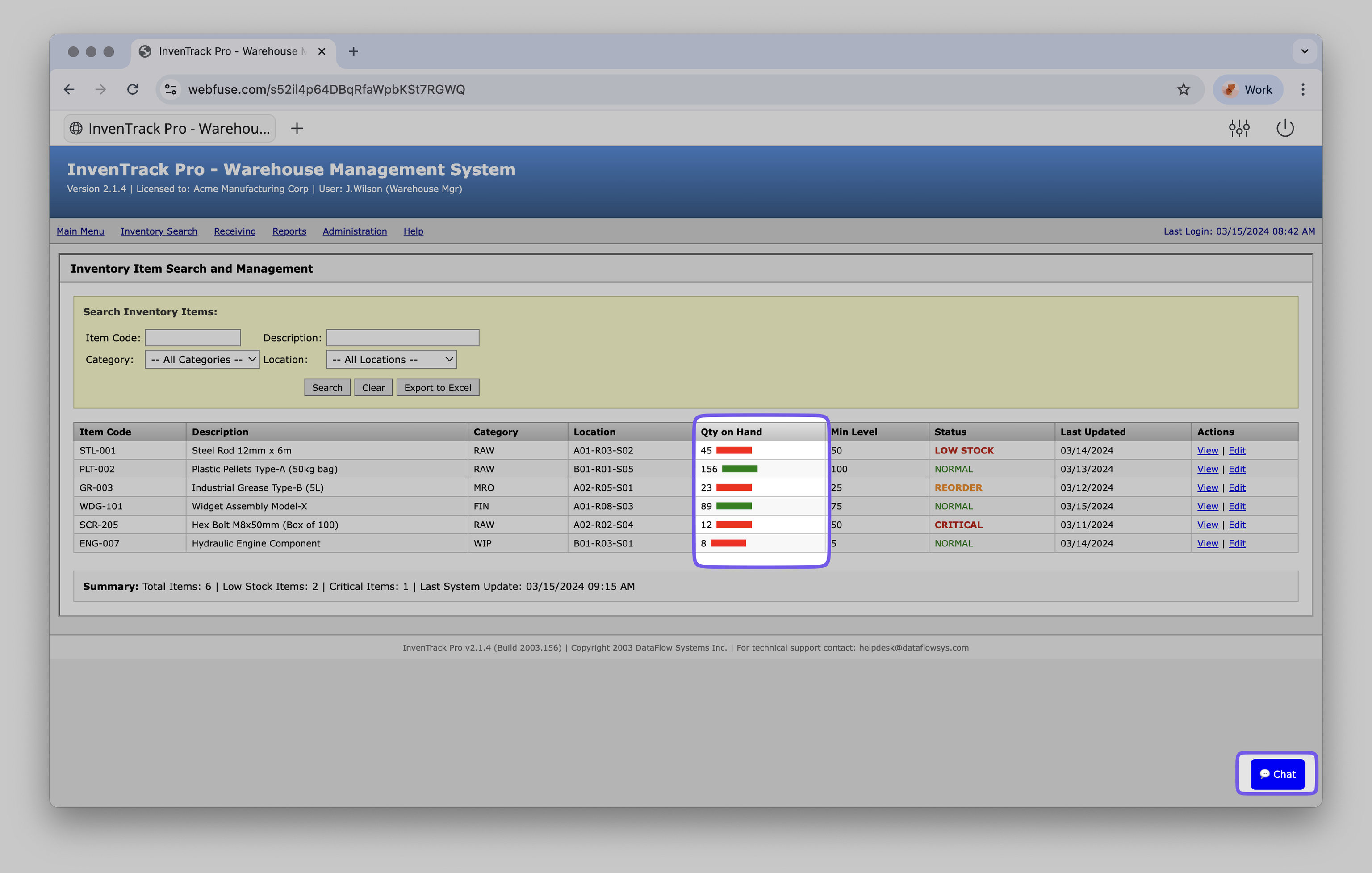 The modernized legacy system with visual indicators and a chat widget