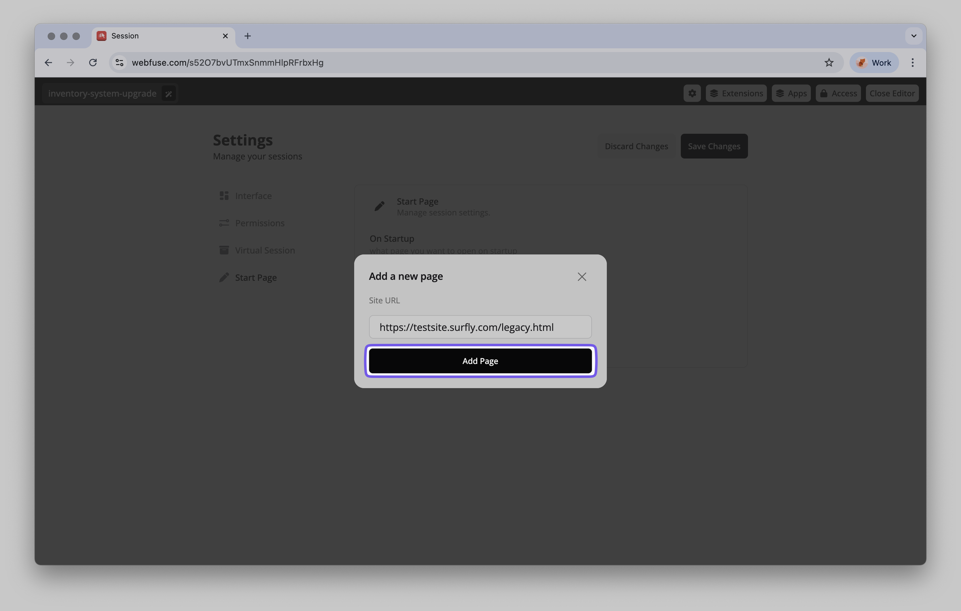 Entering the legacy system URL into the start page configuration.