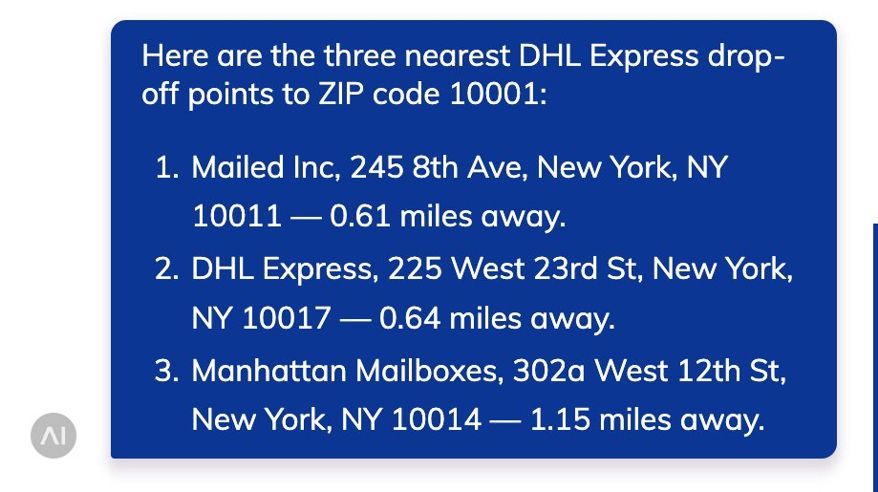 Cognigy test chat: the agent lists the three nearest DHL drop-off points to ZIP 10001