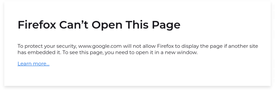 Screenshot of the no-embed policy error in Mozilla Firefox